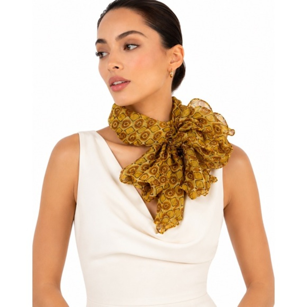 Mustard Yellow Geometric Print Sheer Scarf Retro Lightweight‎ Scarf Chic  89-44